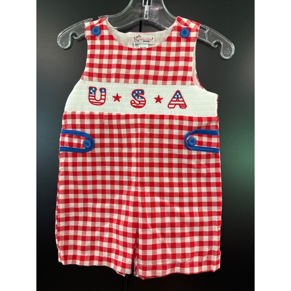 Clover Cottage Apparel Baby Romper Red White Gingham USA Smocked Patriotic 6-12M